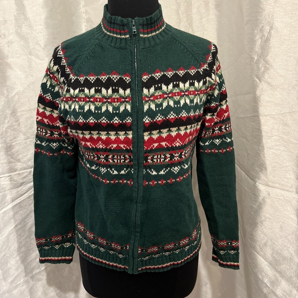 Vintage Tiara Fair Isle Christmas Winter Cardigan Knit Sweater Zip Front - Small